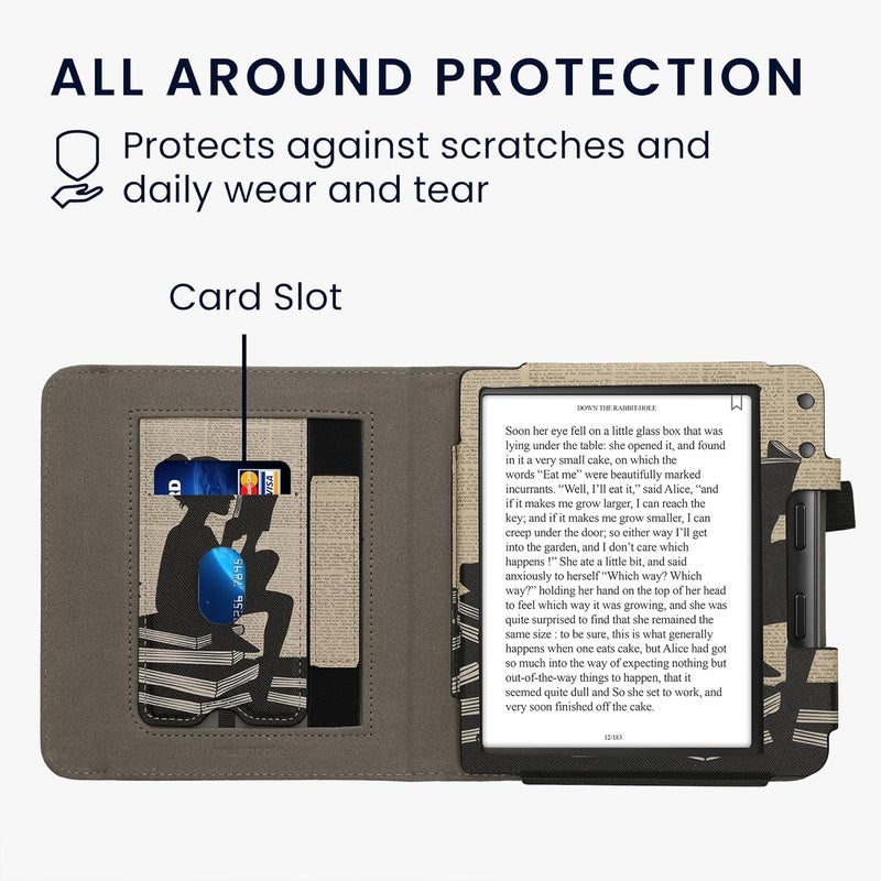 kwmobile Case Compatible with Kobo Libra Colour - Case PU Leather Cover with Magnet Closure, Stand, Strap, Card Slot - Girl and Books Black/Beige - Image 4